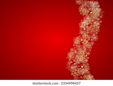 Christmas snow on red background. Glitter frame for winter banners, gift coupon, voucher, ads, party event. Santa Claus colors with golden Christmas snow. Horizontal falling snowflakes for holiday
