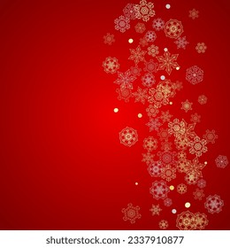 Christmas snow on red background. Glitter frame for seasonal winter banners, gift coupon, voucher, ads, party event. Santa Claus colors with golden Christmas snow. Falling snowflakes for holiday