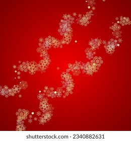 Christmas snow on red background. Glitter frame for seasonal winter banners, gift coupon, voucher, ads, party event. Santa Claus colors with golden Christmas snow. Falling snowflakes for holiday