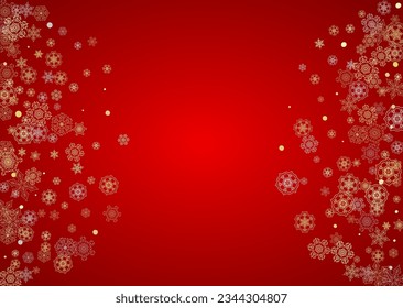 Christmas snow on red background. Glitter frame for winter banners, gift coupon, voucher, ads, party event. Santa Claus colors with golden Christmas snow. Horizontal falling snowflakes for holiday
