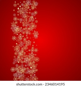 Christmas snow on red background. Glitter frame for seasonal winter banners, gift coupon, voucher, ads, party event. Santa Claus colors with golden Christmas snow. Falling snowflakes for holiday