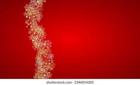 Christmas snow on red background. Glitter frame for winter banners, gift coupon, voucher, ads, party event. Santa Claus colors with golden Christmas snow. Horizontal falling snowflakes for holiday