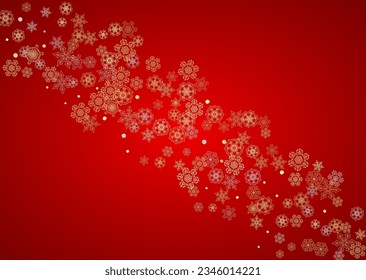 Christmas snow on red background. Glitter frame for winter banners, gift coupon, voucher, ads, party event. Santa Claus colors with golden Christmas snow. Horizontal falling snowflakes for holiday
