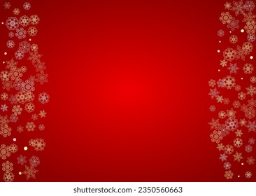 Christmas snow on red background. Glitter frame for winter banners, gift coupon, voucher, ads, party event. Santa Claus colors with golden Christmas snow. Horizontal falling snowflakes for holiday
