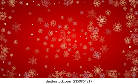 Christmas snow on red background. Glitter frame for winter banners, gift coupon, voucher, ads, party event. Santa Claus colors with golden Christmas snow. Horizontal falling snowflakes for holiday