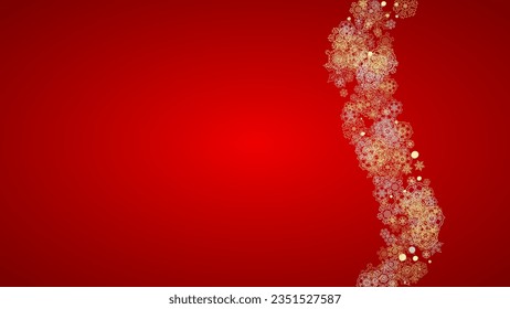 Christmas snow on red background. Glitter frame for winter banners, gift coupon, voucher, ads, party event. Santa Claus colors with golden Christmas snow. Horizontal falling snowflakes for holiday