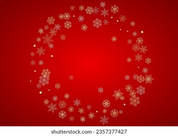 Christmas snow on red background. Glitter frame for winter banners, gift coupon, voucher, ads, party event. Santa Claus colors with golden Christmas snow. Horizontal falling snowflakes for holiday
