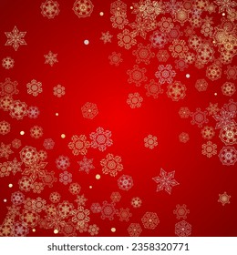 Christmas snow on red background. Glitter frame for seasonal winter banners, gift coupon, voucher, ads, party event. Santa Claus colors with golden Christmas snow. Falling snowflakes for holiday