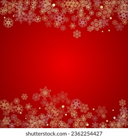 Christmas snow on red background. Glitter frame for seasonal winter banners, gift coupon, voucher, ads, party event. Santa Claus colors with golden Christmas snow. Falling snowflakes for holiday