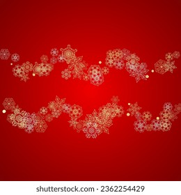 Christmas snow on red background. Glitter frame for seasonal winter banners, gift coupon, voucher, ads, party event. Santa Claus colors with golden Christmas snow. Falling snowflakes for holiday