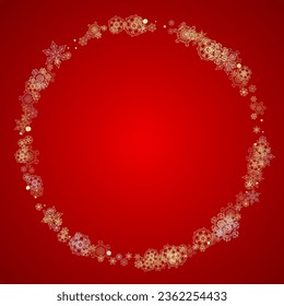 Christmas snow on red background. Glitter frame for seasonal winter banners, gift coupon, voucher, ads, party event. Santa Claus colors with golden Christmas snow. Falling snowflakes for holiday