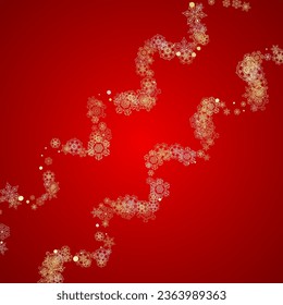 Christmas snow on red background. Glitter frame for seasonal winter banners, gift coupon, voucher, ads, party event. Santa Claus colors with golden Christmas snow. Falling snowflakes for holiday