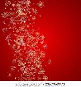 Christmas snow on red background. Glitter frame for seasonal winter banners, gift coupon, voucher, ads, party event. Santa Claus colors with golden Christmas snow. Falling snowflakes for holiday