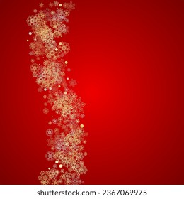 Christmas snow on red background. Glitter frame for seasonal winter banners, gift coupon, voucher, ads, party event. Santa Claus colors with golden Christmas snow. Falling snowflakes for holiday