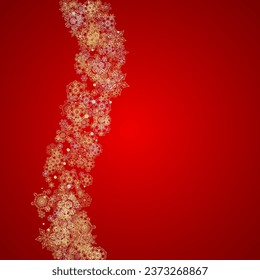 Christmas snow on red background. Glitter frame for seasonal winter banners, gift coupon, voucher, ads, party event. Santa Claus colors with golden Christmas snow. Falling snowflakes for holiday