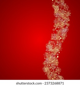 Christmas snow on red background. Glitter frame for seasonal winter banners, gift coupon, voucher, ads, party event. Santa Claus colors with golden Christmas snow. Falling snowflakes for holiday