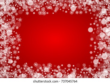 Christmas snow on red background. Santa Claus colors. Horizontal frame for winter banner, gift coupon, voucher, ad, party event. New Year and Christmas snow design. Falling snowflakes for celebration