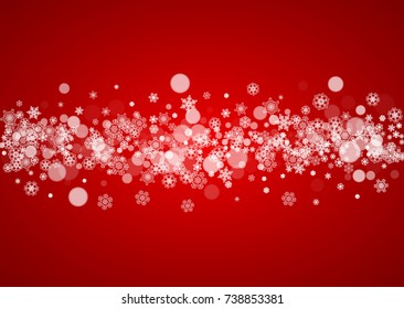 Christmas snow on red background. Santa Claus colors. Horizontal frame for winter banner, gift coupon, voucher, ad, party event. New Year and Christmas snow design. Falling snowflakes for celebration