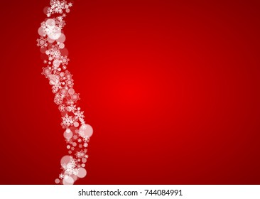 Christmas snow on red background. Santa Claus colors. Horizontal frame for winter banner, gift coupon, voucher, ad, party event. New Year and Christmas snow design. Falling snowflakes for celebration