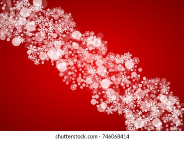 Christmas snow on red background. Santa Claus colors. Horizontal frame for winter banner, gift coupon, voucher, ad, party event. New Year and Christmas snow design. Falling snowflakes for celebration