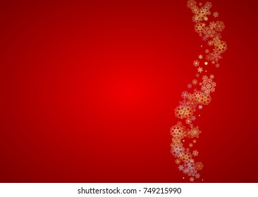 Christmas snow on red background. Glitter frame for winter banners, gift coupon, voucher, ads, party event. Santa Claus colors with golden Christmas snow. Horizontal falling snowflakes for holiday
