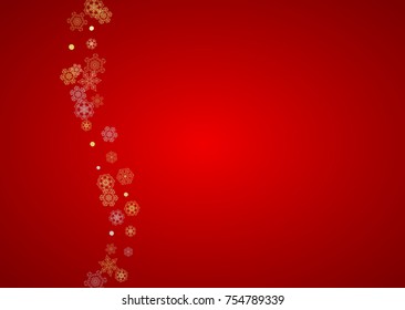 Christmas snow on red background. Glitter frame for winter banners, gift coupon, voucher, ads, party event. Santa Claus colors with golden Christmas snow. Horizontal falling snowflakes for holiday
