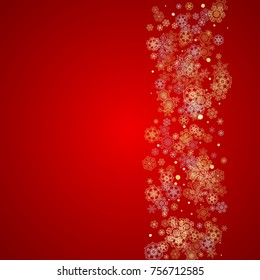 Christmas snow on red background. Glitter frame for seasonal winter banners, gift coupon, voucher, ads, party event. Santa Claus colors with golden Christmas snow. Falling snowflakes for holiday