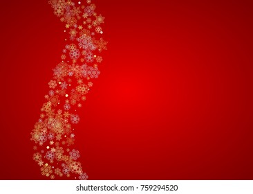 Christmas snow on red background. Glitter frame for winter banners, gift coupon, voucher, ads, party event. Santa Claus colors with golden Christmas snow. Horizontal falling snowflakes for holiday
