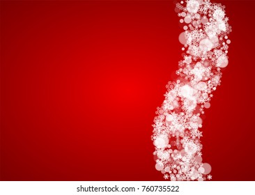 Christmas snow on red background. Santa Claus colors. Horizontal frame for winter banner, gift coupon, voucher, ad, party event. New Year and Christmas snow design. Falling snowflakes for celebration