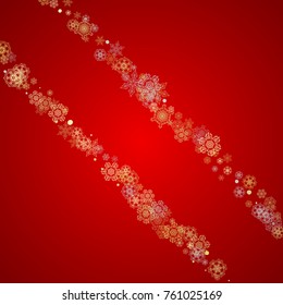 Christmas snow on red background. Glitter frame for seasonal winter banners, gift coupon, voucher, ads, party event. Santa Claus colors with golden Christmas snow. Falling snowflakes for holiday