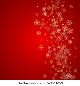 Christmas snow on red background. Glitter frame for seasonal winter banners, gift coupon, voucher, ads, party event. Santa Claus colors with golden Christmas snow. Falling snowflakes for holiday