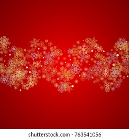 Christmas snow on red background. Glitter frame for seasonal winter banners, gift coupon, voucher, ads, party event. Santa Claus colors with golden Christmas snow. Falling snowflakes for holiday