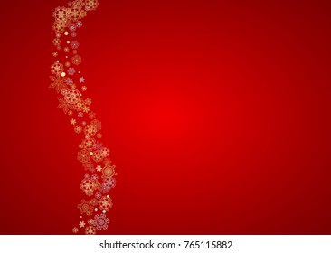 Christmas snow on red background. Glitter frame for winter banners, gift coupon, voucher, ads, party event. Santa Claus colors with golden Christmas snow. Horizontal falling snowflakes for holiday
