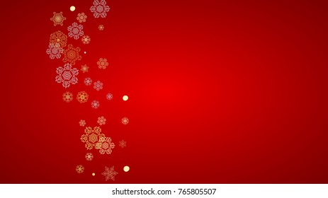 Christmas snow on red background. Glitter frame for winter banners, gift coupon, voucher, ads, party event. Santa Claus colors with golden Christmas snow. Horizontal falling snowflakes for holiday