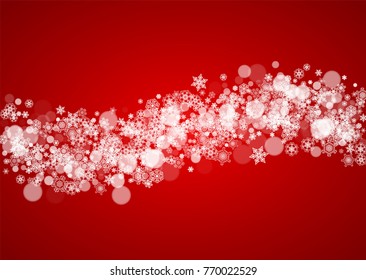 Christmas snow on red background. Santa Claus colors. Horizontal frame for winter banner, gift coupon, voucher, ad, party event. New Year and Christmas snow design. Falling snowflakes for celebration