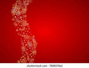 Christmas snow on red background. Glitter frame for winter banners, gift coupon, voucher, ads, party event. Santa Claus colors with golden Christmas snow. Horizontal falling snowflakes for holiday
