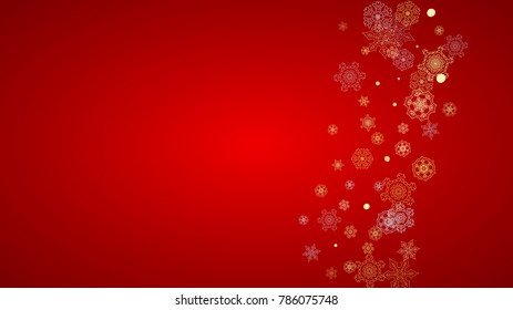 Christmas snow on red background. Glitter frame for winter banners, gift coupon, voucher, ads, party event. Santa Claus colors with golden Christmas snow. Horizontal falling snowflakes for holiday