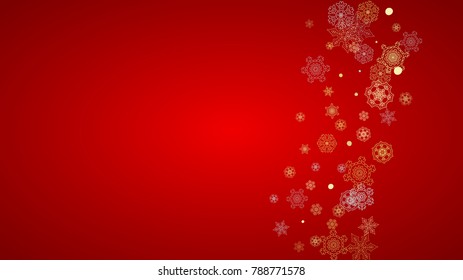 Christmas snow on red background. Glitter frame for winter banners, gift coupon, voucher, ads, party event. Santa Claus colors with golden Christmas snow. Horizontal falling snowflakes for holiday