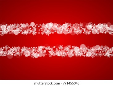 Christmas snow on red background. Santa Claus colors. Horizontal frame for winter banner, gift coupon, voucher, ad, party event. New Year and Christmas snow design. Falling snowflakes for celebration