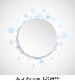 Christmas snow on white background. Blue frame for winter banners, gift coupon, voucher, ads, party event. Paper banner with frosty Christmas snow. Square falling snowflakes for holiday