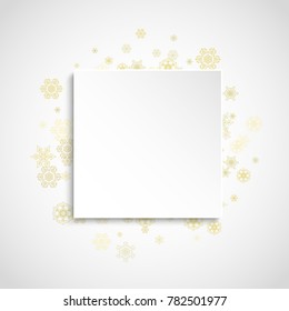 Christmas snow on white background. Glitter frame for winter banners, gift coupon, voucher, ads, party event. Paper banner with golden Christmas snow. Square falling snowflakes for holiday