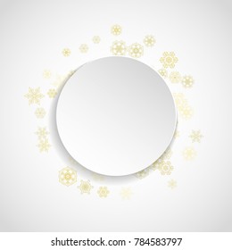 Christmas snow on white background. Glitter frame for winter banners, gift coupon, voucher, ads, party event. Paper banner with golden Christmas snow. Square falling snowflakes for holiday