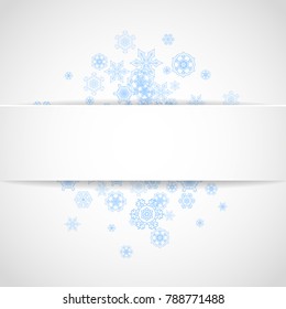 Christmas snow on white background. Blue frame for winter banners, gift coupon, voucher, ads, party event. Paper banner with frosty Christmas snow. Square falling snowflakes for holiday