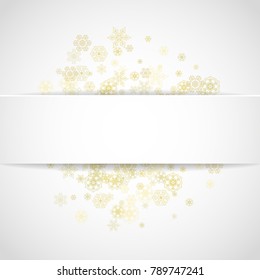 Christmas snow on white background. Glitter frame for winter banners, gift coupon, voucher, ads, party event. Paper banner with golden Christmas snow. Square falling snowflakes for holiday