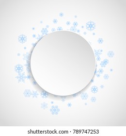 Christmas snow on white background. Blue frame for winter banners, gift coupon, voucher, ads, party event. Paper banner with frosty Christmas snow. Square falling snowflakes for holiday