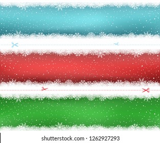 Christmas snow pattern on box or shelf. Snowy color winter template background. Frosty close-up wintry snowflakes. Ice shape pattern. New Year holiday decoration easy to edit backdrop