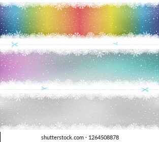 Christmas snow pattern on box or shelf. Snowy rainbow color gray winter template background. Frosty close-up wintry snowflakes. Ice shape pattern. New Year holiday decoration easy to edit backdrop