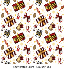 Christmas Snow pattern snowflakes. New Year holidays greeting card. Ornament with snowflakes. Design template with xmas hand-drawn graphic illustrations. New Year and Christmas holidays pattern.
