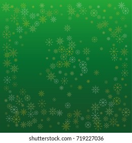 Christmas snow powder background of a random scatter snowflakes on a green background. Snow explosion. Ice storm.