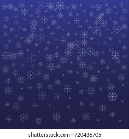 Christmas snow powder background of a random scatter snowflakes on a blue background. Snow explosion. Ice storm.